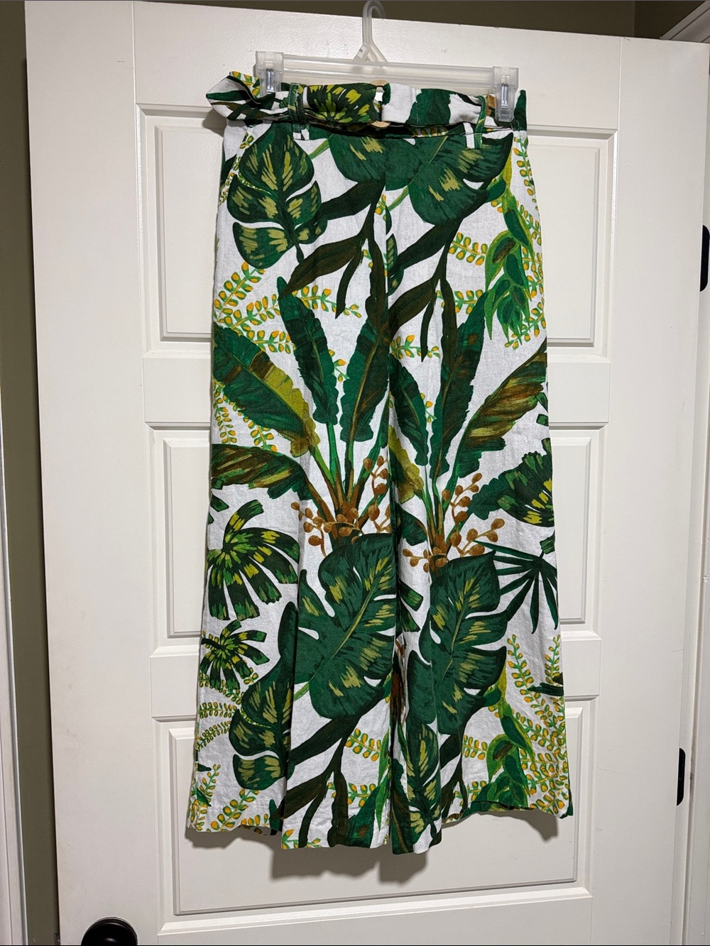 Joie Tropical Print Linen Blend Wide Leg Crop Pants Tie Waist Green White XS
